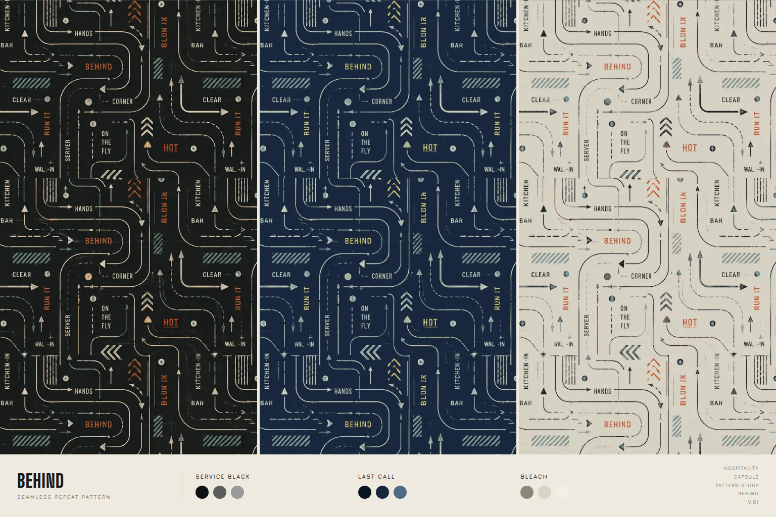 Behind floor path print in three colorways