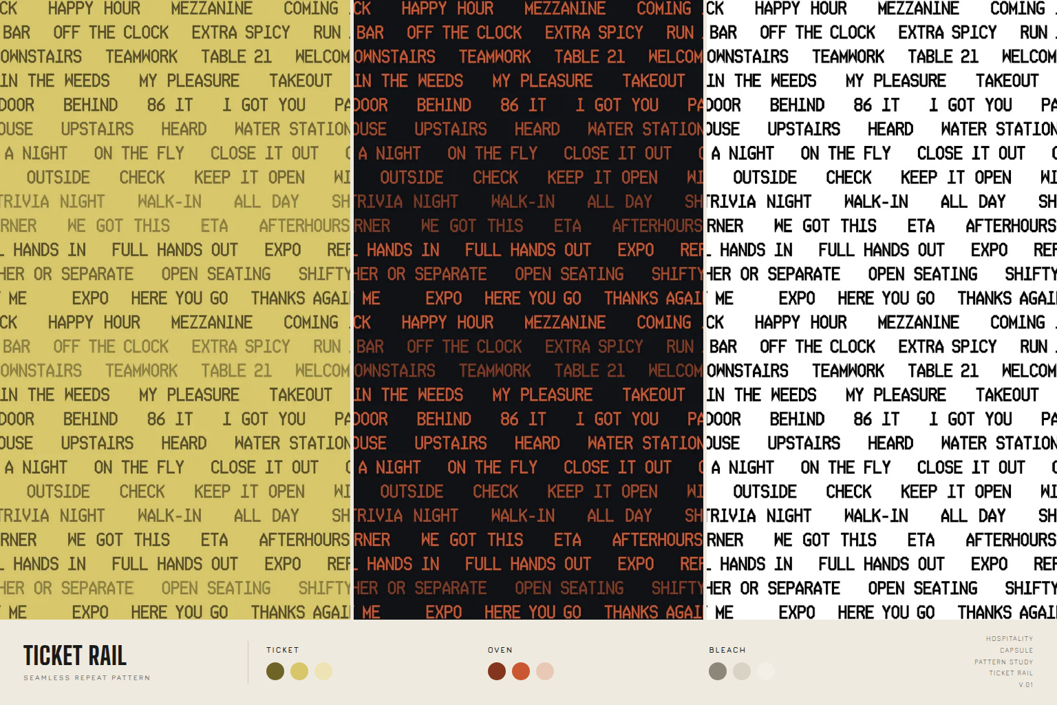 Ticket Rail continuous type print in three colorways