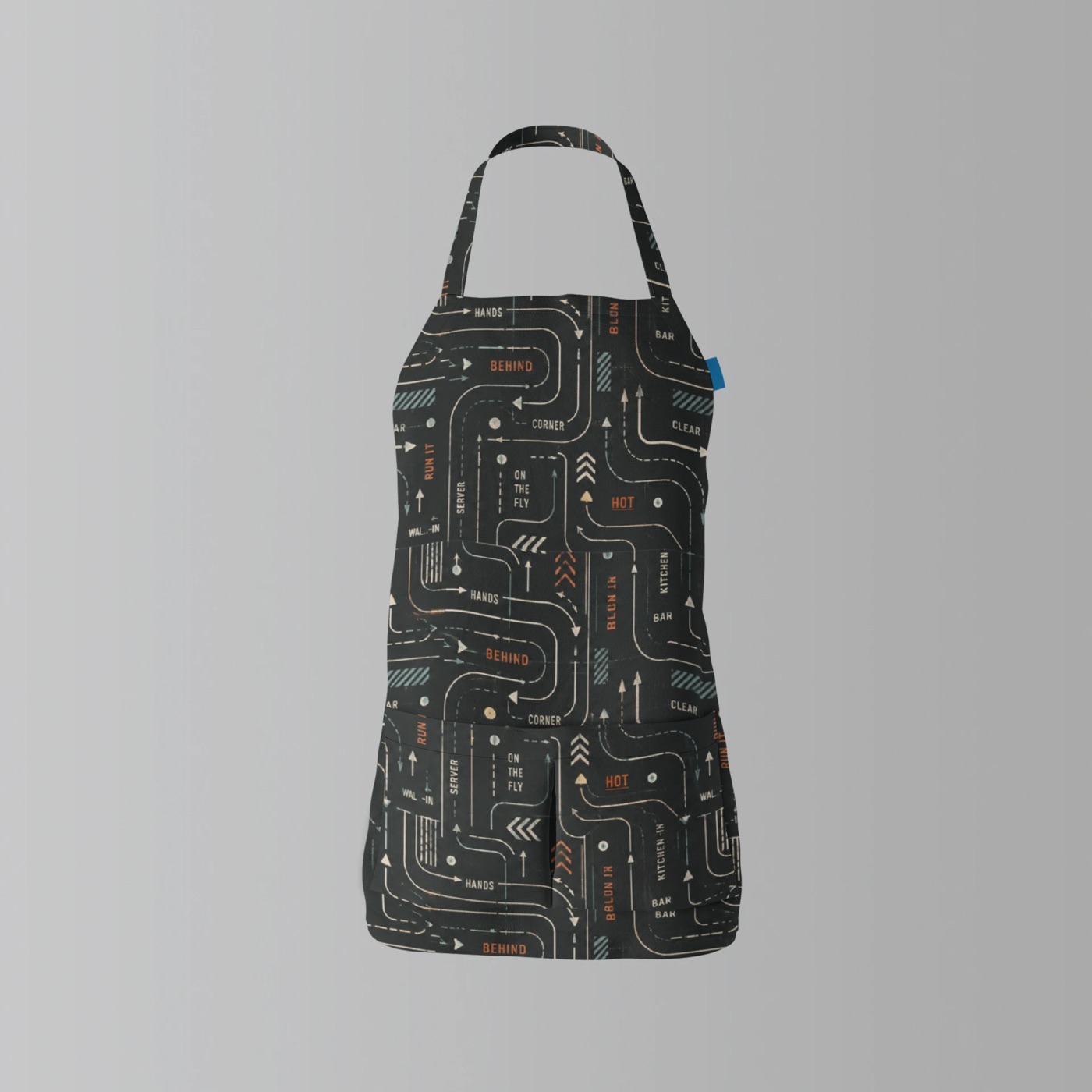 Behind print apron with pocket
