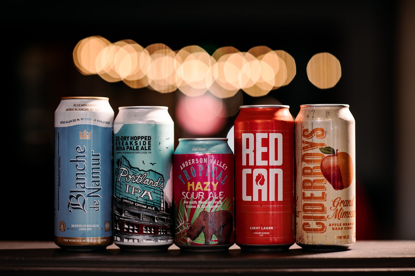 Craft beer lineup with bokeh