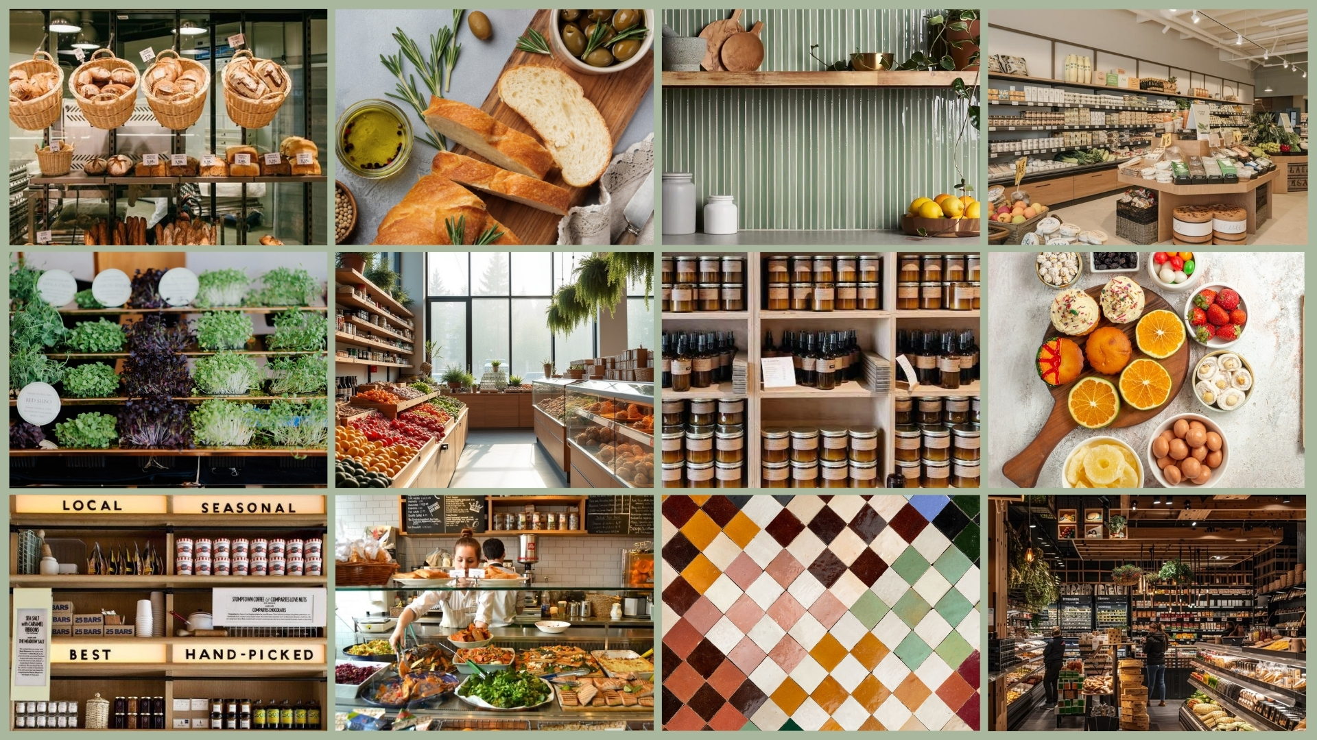 Nostos mood board — grocery interiors, produce, materials, tile