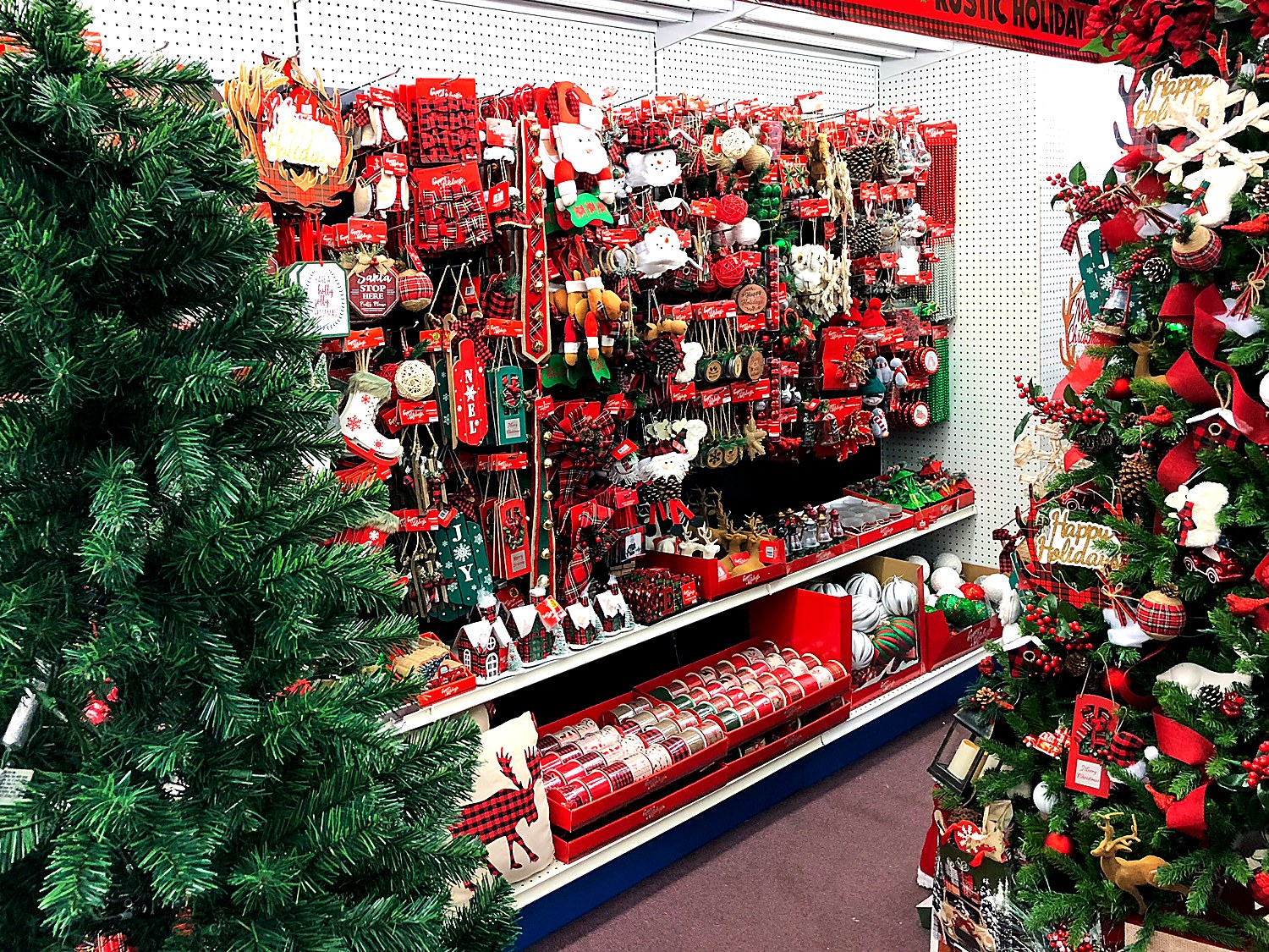 Rustic Holiday — seasonal display, red and green product wall